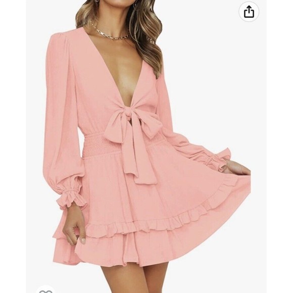 zescia womans sexy long sleeve dress w/tie, smocked waist sz womans sm NWT - Picture 4 of 14